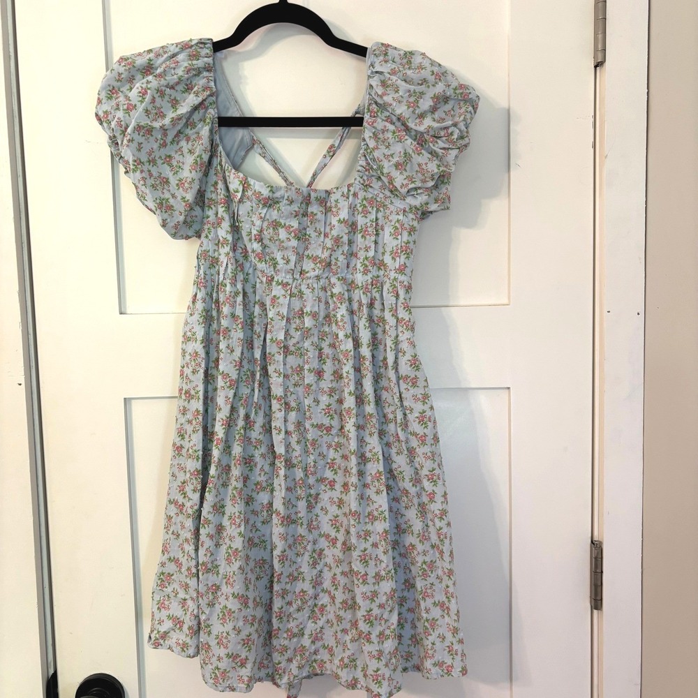 Bebop Floral Swiss Dot Puff Sleeve Mini Dress Blue Cottagecore Medium Coquette